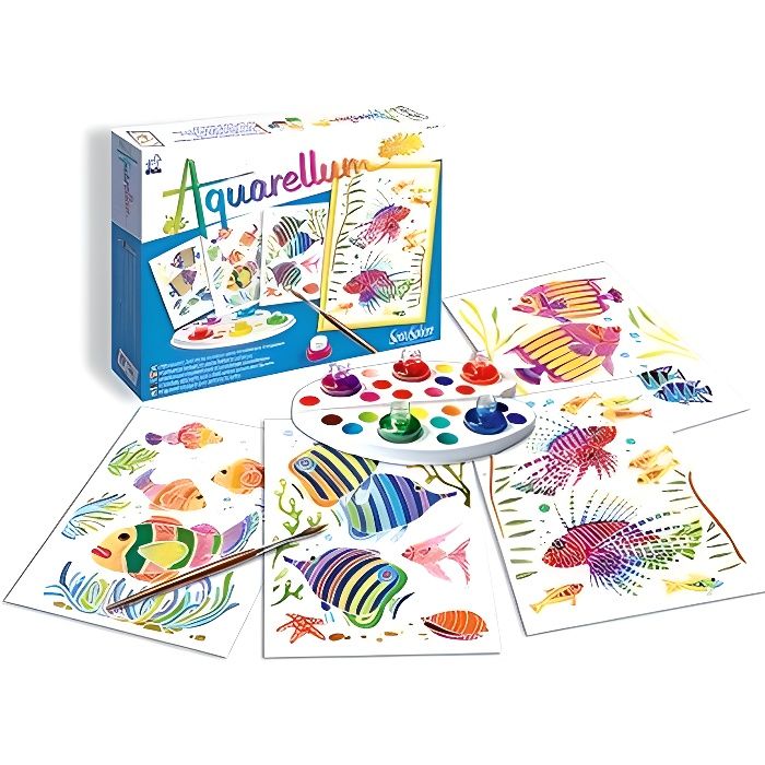 SENTOSPHERE - Aquarellum Junior Aquarium - Coffret de 4 tableaux sertis sur le thème de l'aquarium