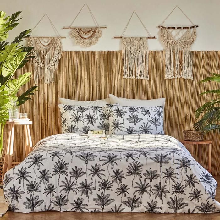 Parure de lit - BELLA MAISON - Palm King Size - 100% coton ranforce - Noir - 240 x 220 cm