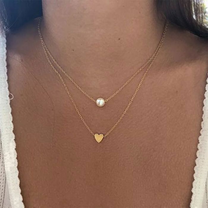 Collier - Fashion - Double Chaîne - Pendentif Perle - Cœur Doré - Femme