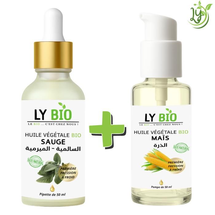 Pack de soins - LYBIO - HUILE SAUGE 50ML - PIPETTE - HUILE MAIS 50ML - POMPE