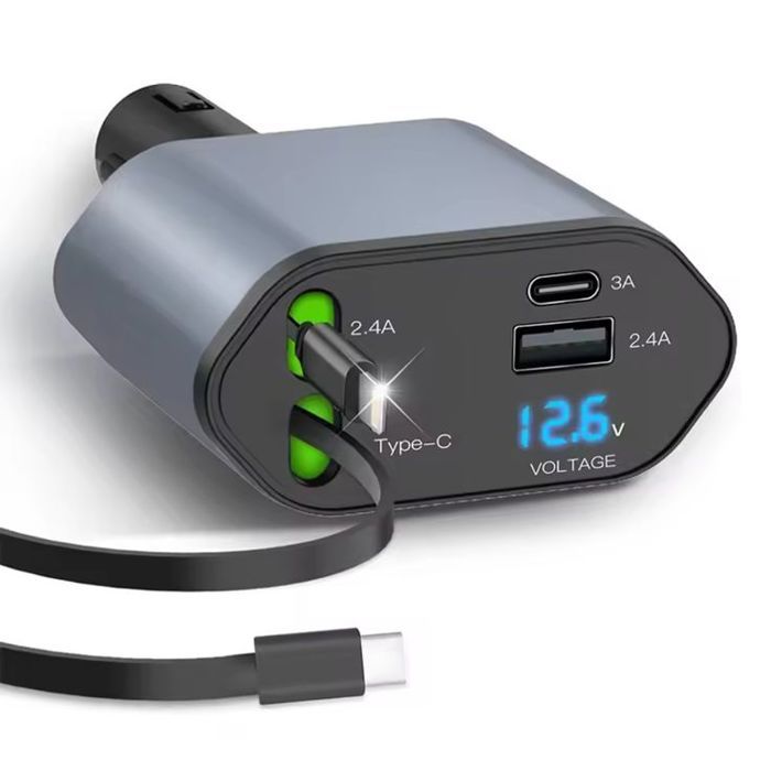 Chargeur de Voiture Rétractable 4 en 1 Amélioré, 120W, Super Rapide, Adaptateur de Téléphone avec Barrette Télescopique