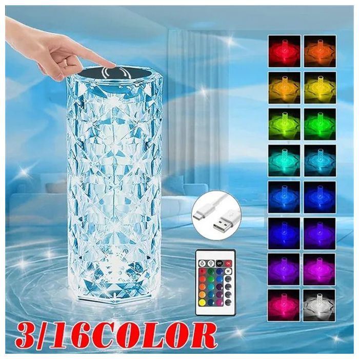 Lampe Cristal LED Tactile de Table, Lampe de table diamant LED avec 16 couleurs, Lampe de chevet