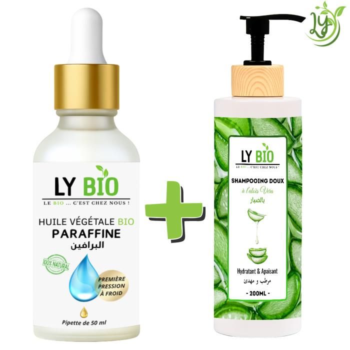 Pack de soins capillaires - LYBIO - Huile paraffine 50ml - Shampooing aloe vera 200ml - Hydratant - Apaisant