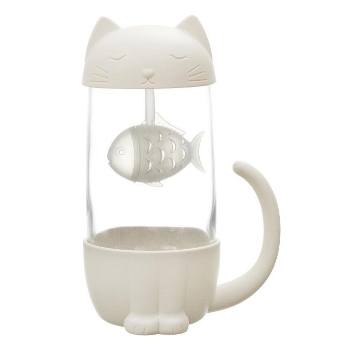 Mug Infuseur à Thé - Poisson Chat - 30cl - Blanc - Verre & Polypropylène - Design Contemporain