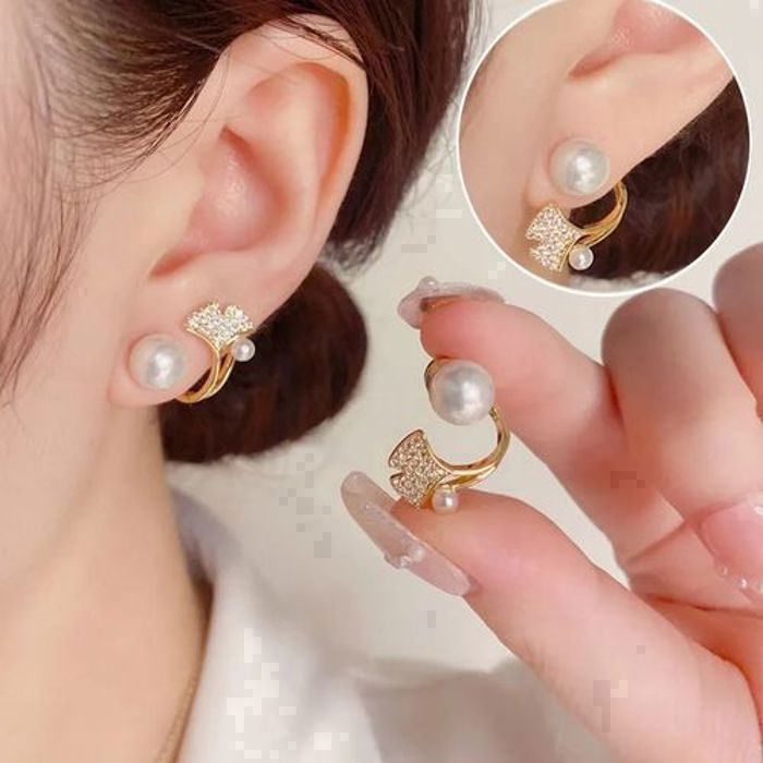 Boucles d'oreilles - Ginkgo - Cristal - Perle blanche - Long pompon - Femme