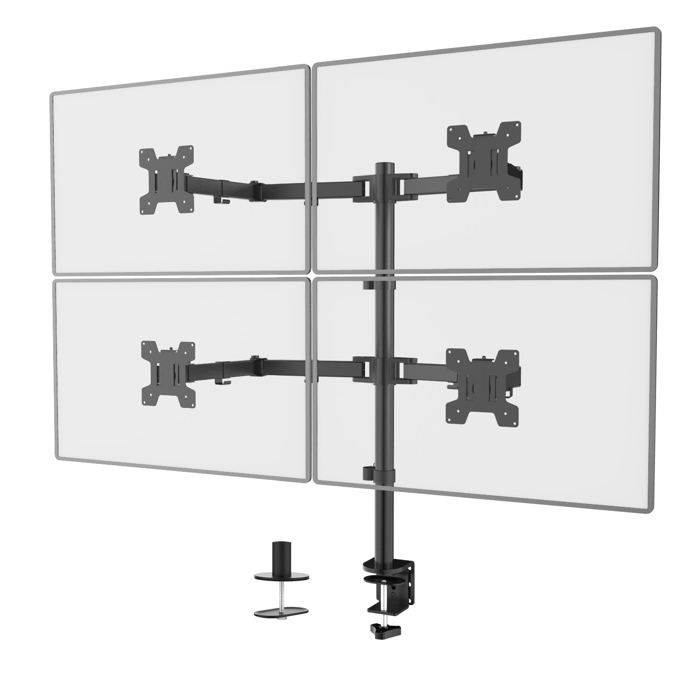 Supports de quatre moniteurs avec base de 13 à 27 pouces.