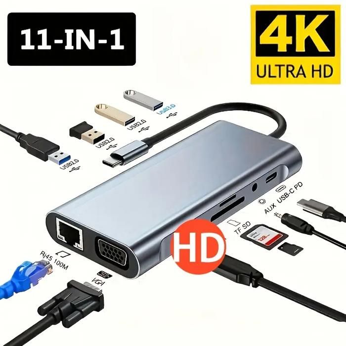 Station d'Extension USB-C 11-en-1 avec Adaptateur Type-C vers HDTV/VGA, Charge Rapide PD, Port Ethernet, 3 Ports USB