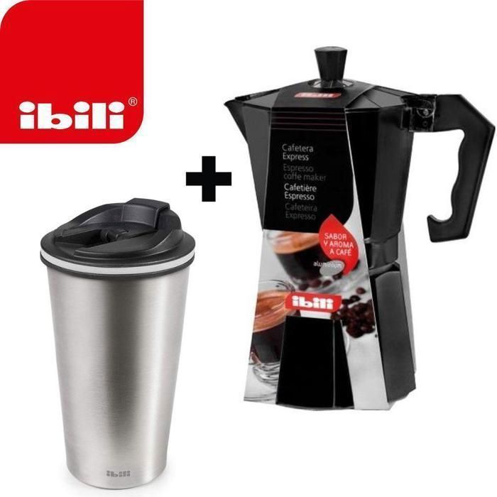 Set Pause Café 2 En 1 Cafetiere Italienne En Aluminium 6 Tasses 300 ml + Thermos Mug Isotherme 280 ml Bouteille isotherme En INOX
