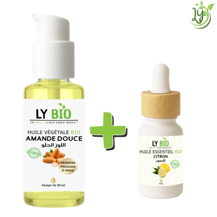 LYBIO PACK HUILE AMANDE DOUCE 50ml - POMPE + HUILE ESSENTIEL CITRON 10ML