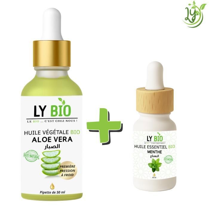 Pack Huile Aloe Vera 50ml - LYBIO - Pipette - Huile Essentielle Menthe 10ml - Hydratation - Tonifiant