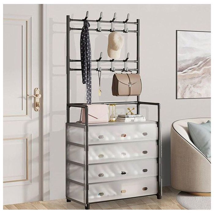 Étagère à Chaussures 4 Niveaux avec Porte-Manteau – Rangement Multifonction, Design Compact & Robuste, Couverture Anti-Poussière