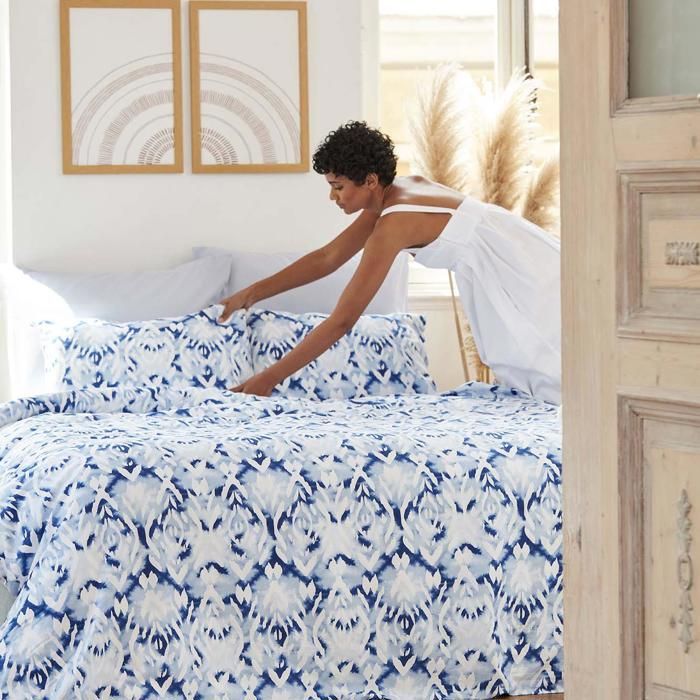 Parure de lit - BELLA MAISON - Ikat - 100% satin de coton - Super King - Bleu 260x240 cm