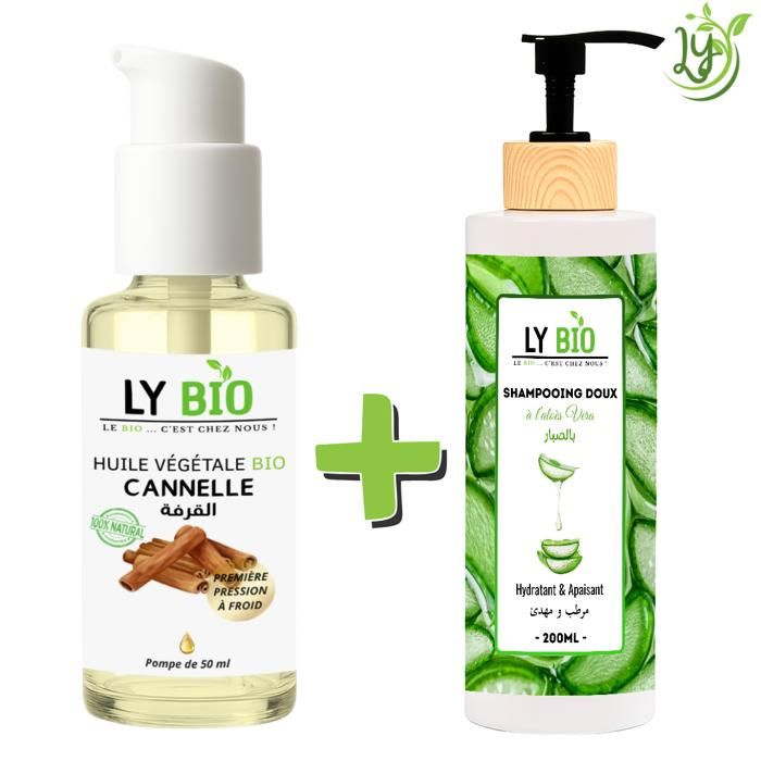 Pack de soins capillaires - LYBIO - Huile de cannelle 50ml - Shampooing aloe vera 200ml - Hydratant - Apaisant