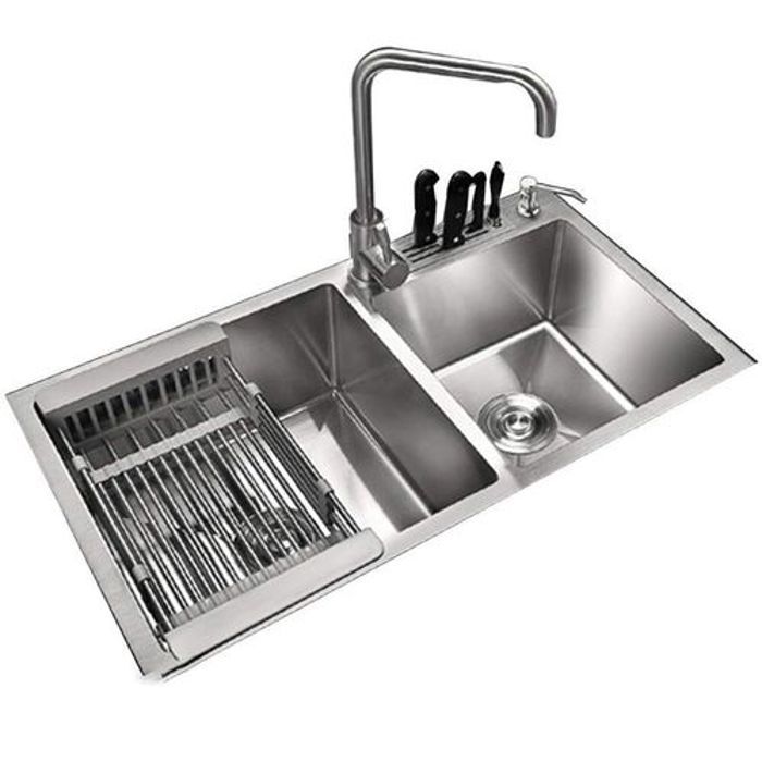Évier de cuisine - Sanivy - Double cuve - Inox argenté - Résistant à la corrosion - Rectangulaire