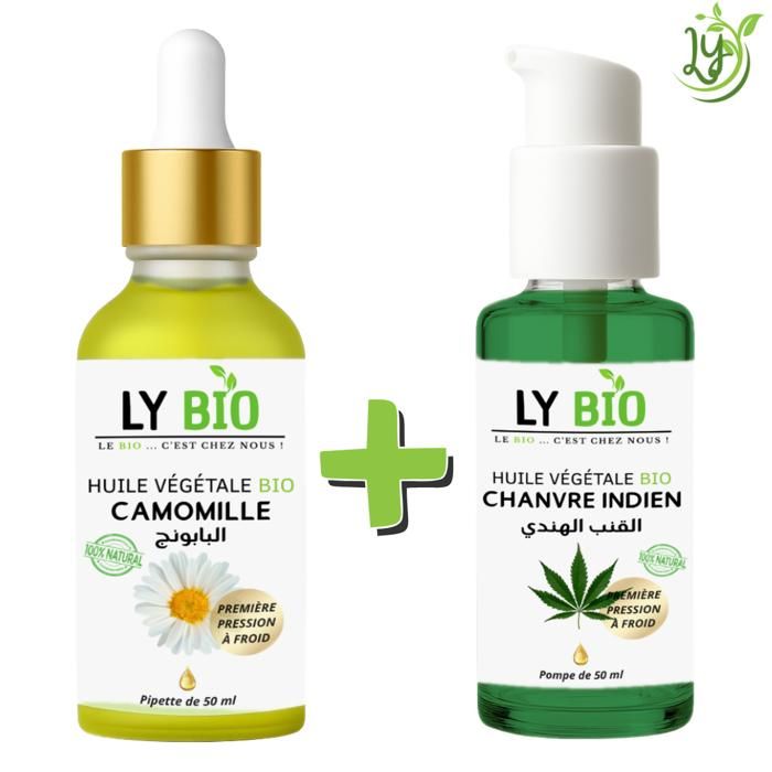 Pack Huile Camomille 50ml - LYBIO - Huile Chanvre 50ml - Pipette - Pompe - Hydratant