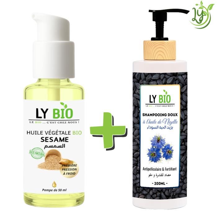 LYBIO PACK HUILE SESAME 50ml - POMPE + SHAMPOOING A L'HUILE DE NIGELLE 200ML - ANTIPELLICULAIRE & FORTIFIANT