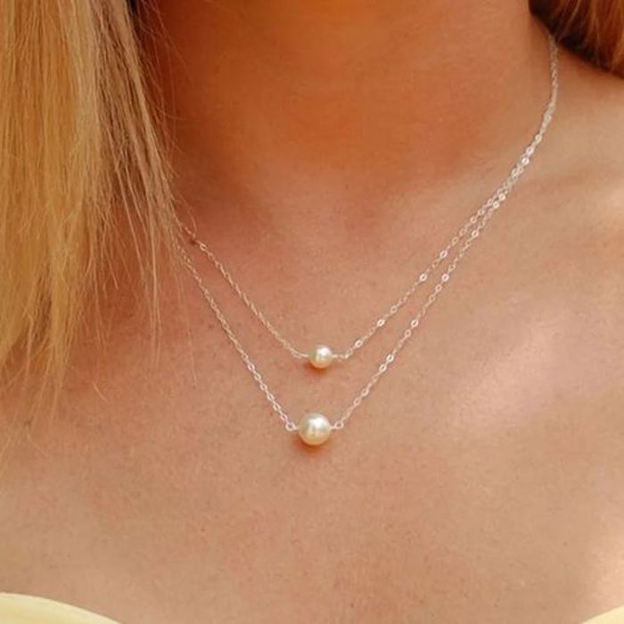 Collier - FASHION - Nouveau - Double Chaîne - Pendentif Perle - Argent 925