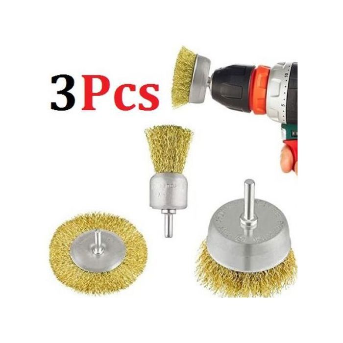 Jeu de 3 Brosses Métalliques - Enlever la Rouille - Brosses de Forage - Jaune