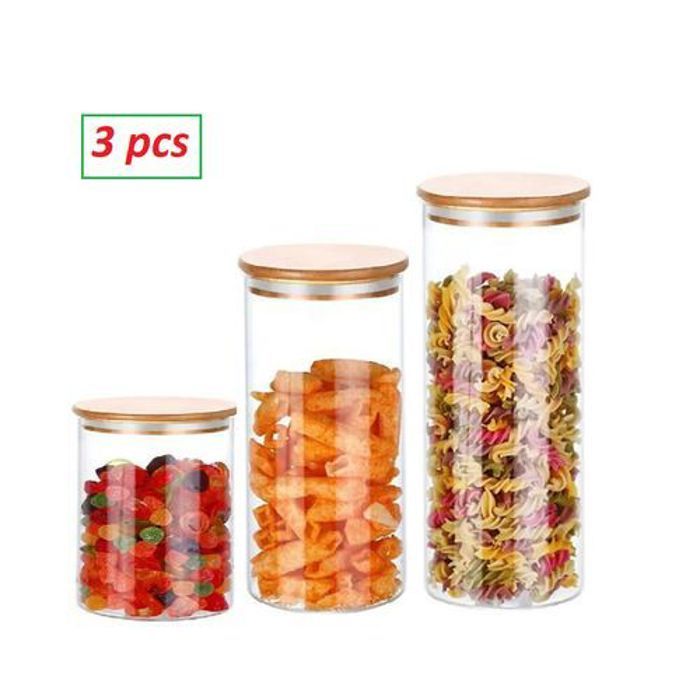 Offfre TAJ lot de 3 pots de stockage en verre avec couvercle en bois