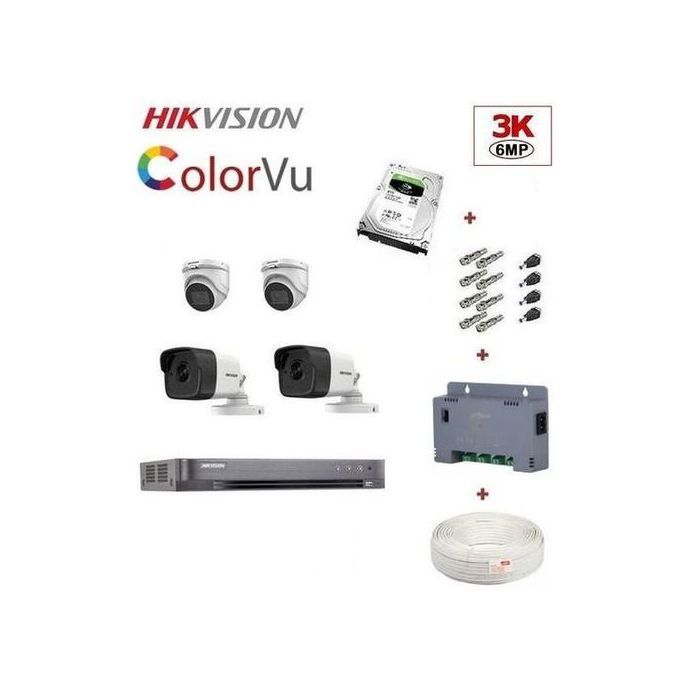 Hikvision Pack Complet 4 Caméra de Surveillance 3K 6MP COLOR + DVR 4ch et Tous accessoires