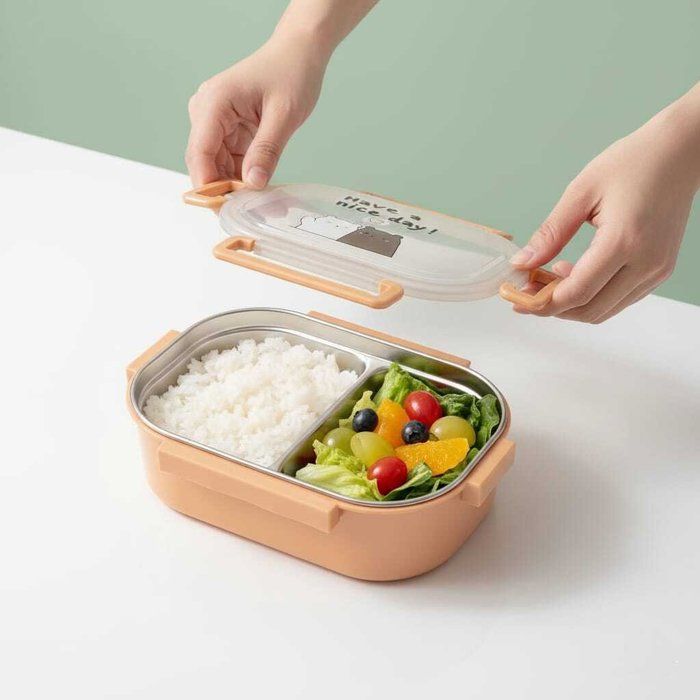Lunch box à deux compartiments en inox avec cuillère – Idéal école & travail HAVE NICE DAY