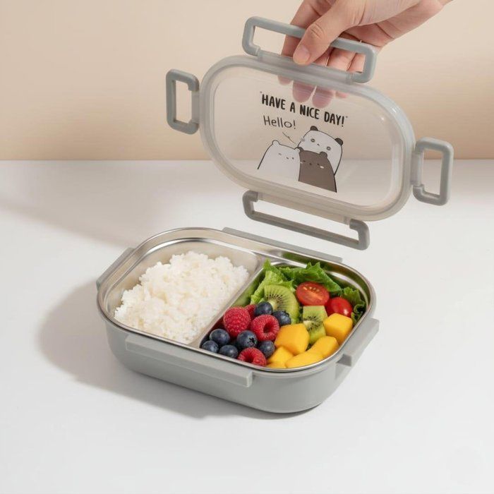 Lunch box à deux compartiments on inox avec cuillère – Idéal école & travail HAVE NICE DAY ,