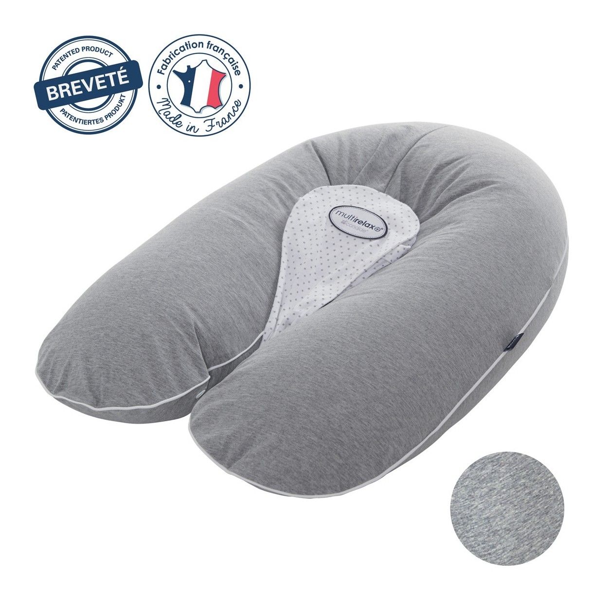 CANDIDE - Coussin De Grossesse et D'allaitement 3 En 1 Multirelax, Fabriqué en France, 78x44cm (Jersey Gris Chiné/Étoiles)