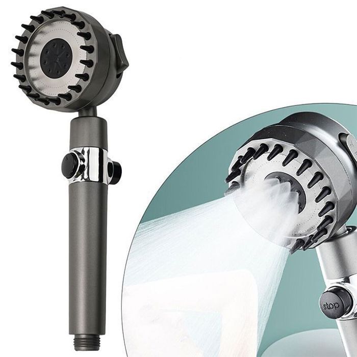 Pommeau de douche haute pression réglable avec 4 modes de massage et bouton d'arrêt.