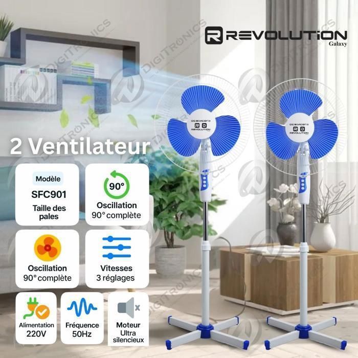 2 Ventilateur sur Pied Silencieux, Oscillant, Grille Sécurisée, SFC901
