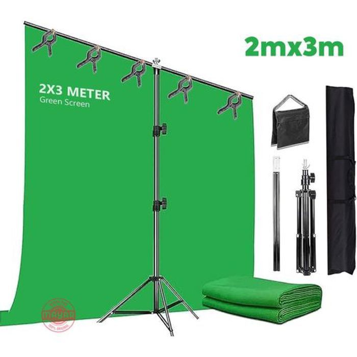Puluz Fond d'écran vert avec support 2 x 3 m, support d'arrière-plan réglable, 5 pinces et sac pour Shooting, Streaming
