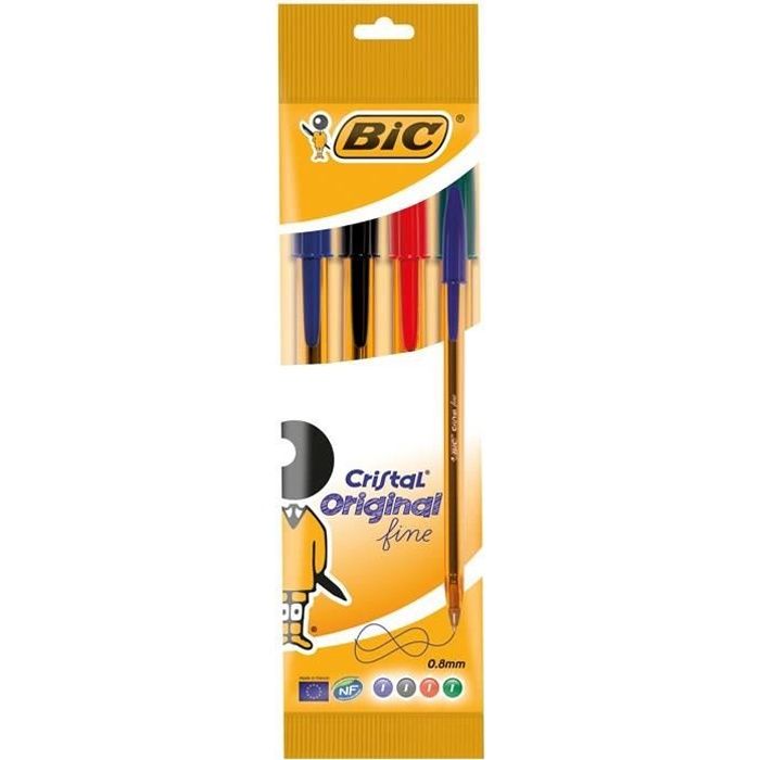 BIC® - Lot de 4 Stylos à bille Cristal® Fine Original - Noir, bleu, rouge et vert