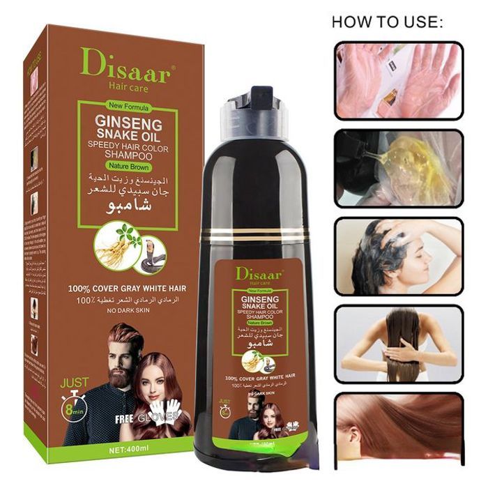 Disaar shampoing à l'huile de serpent au ginseng colorant cheveux marron pour homme et femme, 400ml