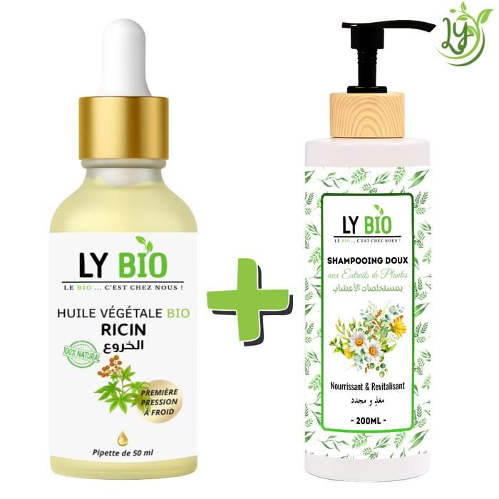 LYBIO PACK HUILE RICIN 50ml - PIPETTE + SHAMPOOING AUX EXTRAITS DE PLANTES 200ML - NOURRISSANT & REVITALISANT