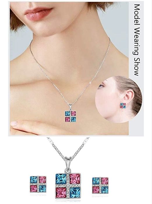 Parure de bijoux - Collier et boucles d'oreilles - Métal rhodié - Cristaux clairs - Argenté