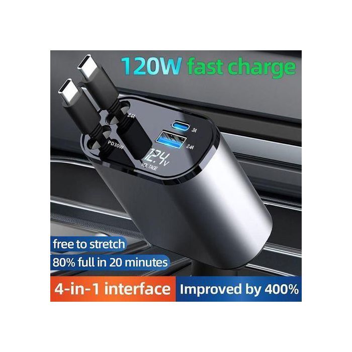 Chargeur de voiture rétractable 4 en 1, adaptateur starlight, charge rapide, pour iPhone Huawei Samsung