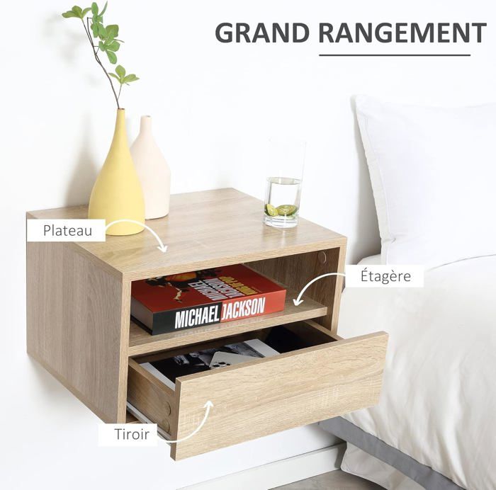 Lot de 2 Tables de Chevet murales - Lot de 2 Tables de Nuit - tiroir Coulissant,