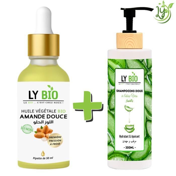 Pack HUILE AMANDE DOUCE 50ML - LYBIO - Shampooing ALOE VERA 200ML - Hydratant - Apaisant - Mixte