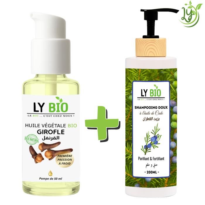 LYBIO PACK HUILE GIROFLE 50ML - POMPE + SHAMPOOING A L'HUILE DE CADE 200ML - PURIFIANT & FORTIFIANT