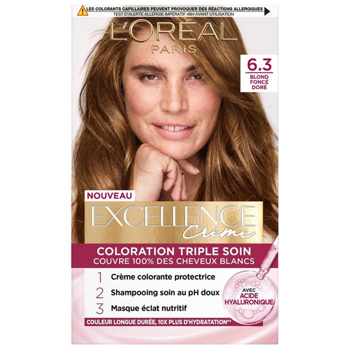 Coloration Crème - L'Oréal - Excellence - Blond Foncé Doré 6.30 - Couverture 100% cheveux blancs - Texture Crème