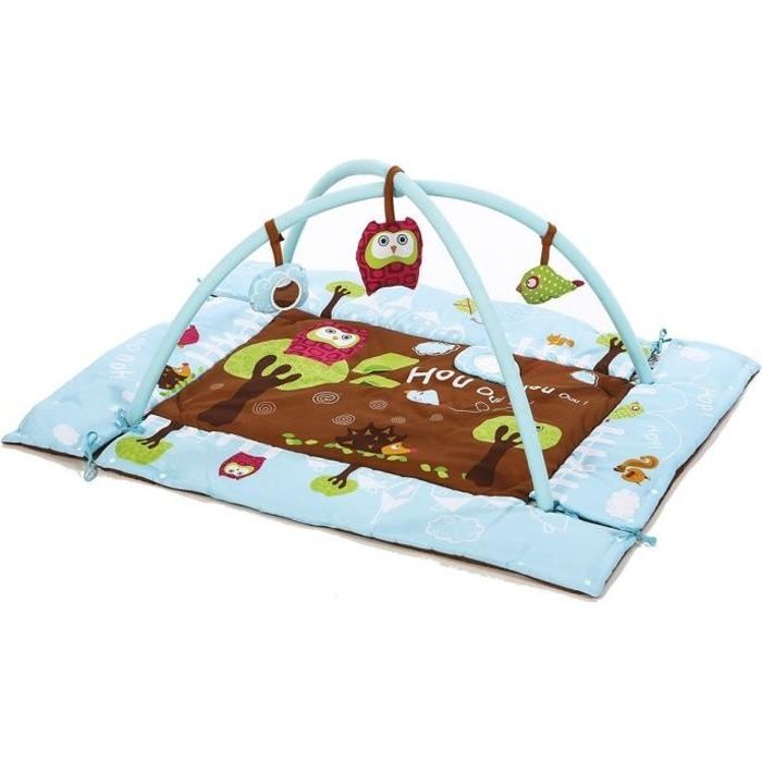Tapis d'éveil Chouette - LUDI - Dès la naissance - 3 hochets amovibles - Garçon & fille - 107 x 87 cm