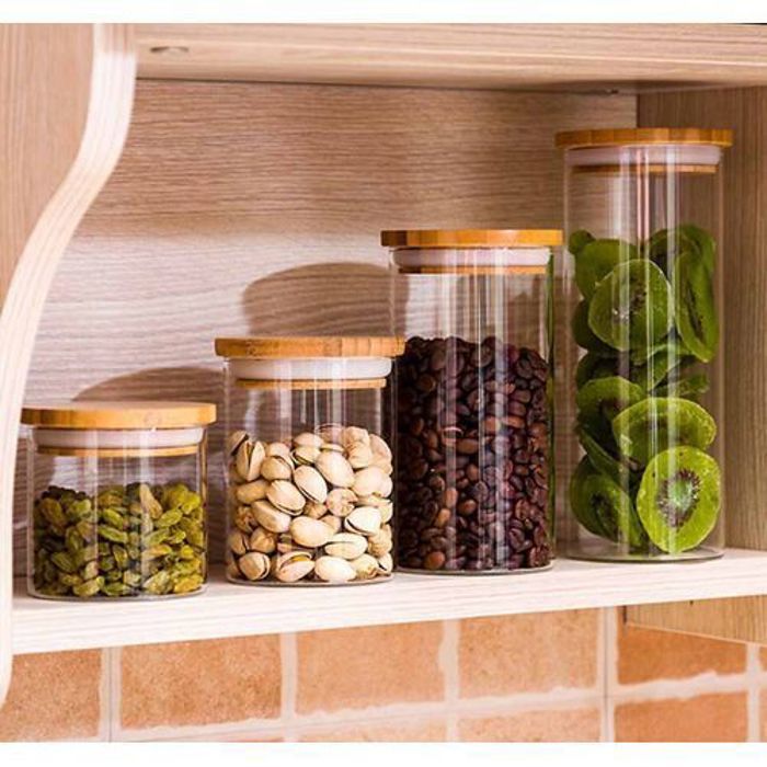 Lot de 4 Pots de Stockage en Verre avec Couvercle en Bambou