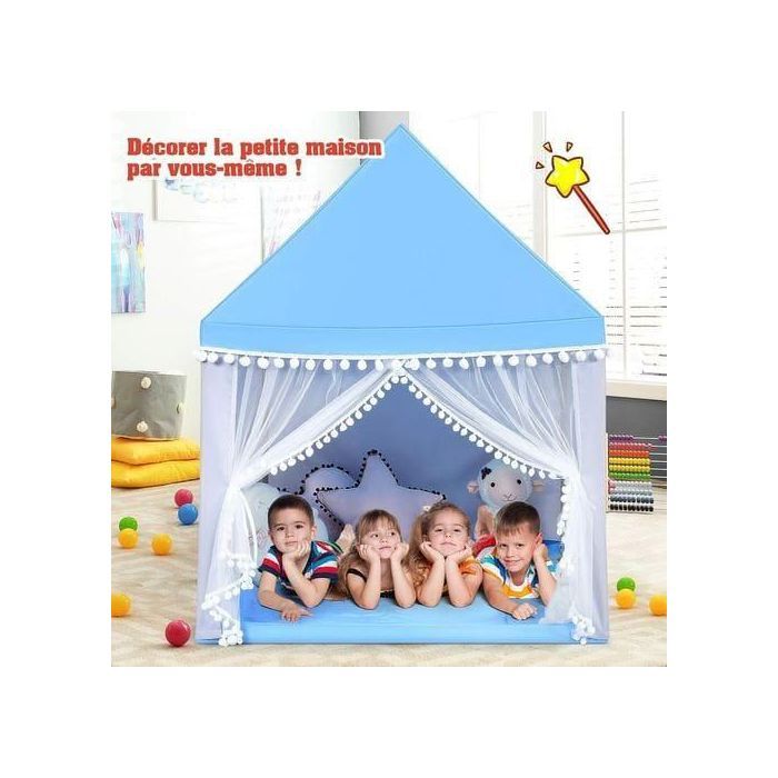 Tente de Jeu pour Enfants, Tipi avec Cadre en Bois et Rideaux en Maille, Maison de Jeu Intérieure et Extérieure, Bleu