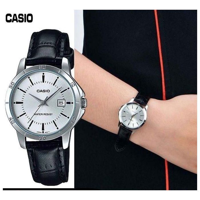 Casio Montre a bracelet en cuir ronde pour femme avec cadran blanc-ltp-v004l-7audf