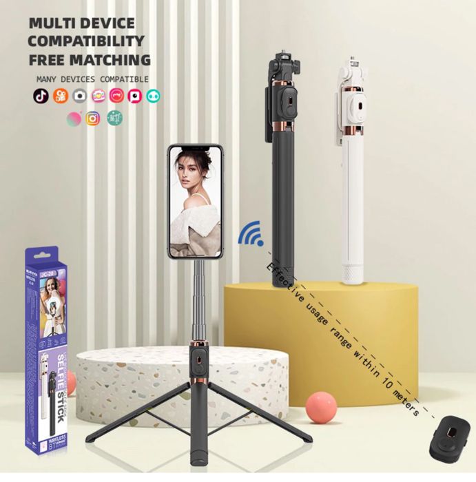 Jc20 Trépied portable 170 cm Support de téléphone Perche à selfie Monopode lumineux Télécommande sans fil Bluetooth