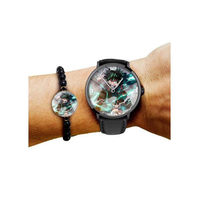 pack Montre à quartz avec Bande en Cuir et bracelet en perles Anime My heros academia Midoriya Deku