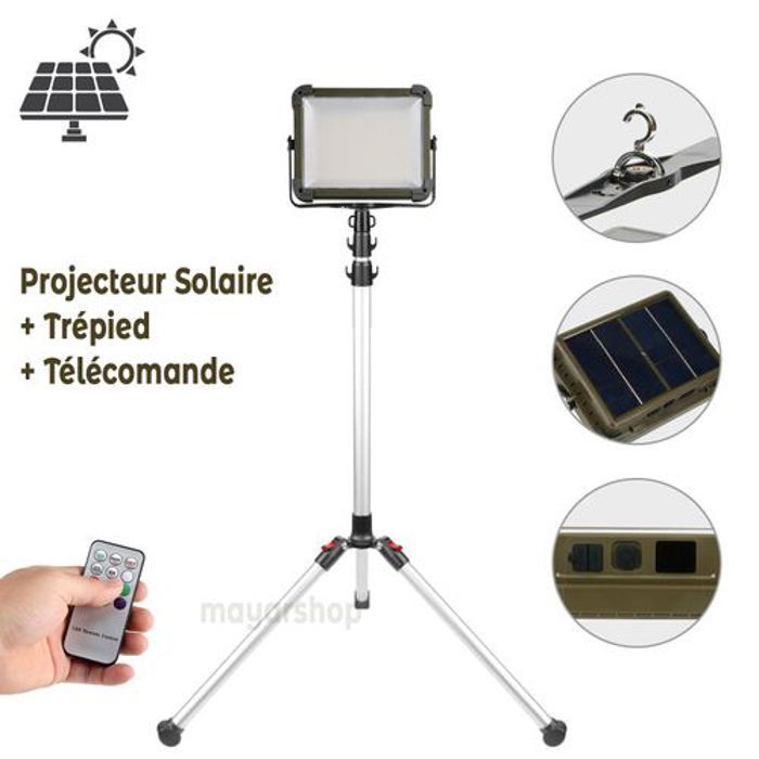 Projecteur LED USB rechargeable IP65 étanche avec panneau solaire et trépied + télécommande