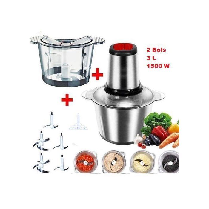 Cooking Hachoir électrique 2 bols Inox et Verre + 5 Lames et batteur et spatule multifonction très puissant