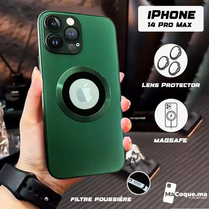 Green Coque iPhone 14 PRO MAX Magnétique/Magsafe/LENS Protector/Filtre Poussière/Galvanisée