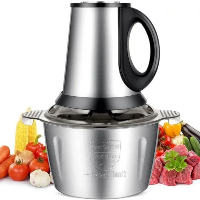 Hachoir Électrique 450W | Bol 2L en Acier Inox | 3 Vitesses & 4 Lames pour Viande, Légumes et Fruits