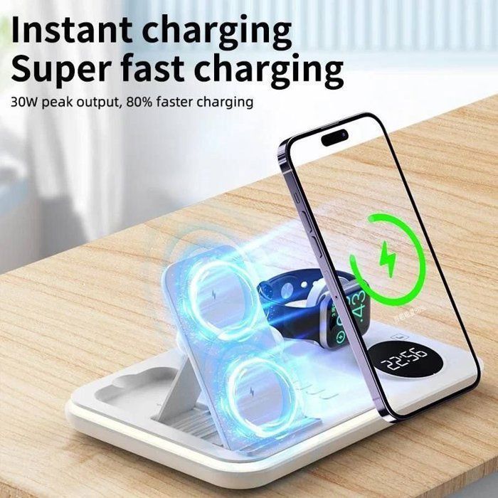 Chargeur sans fil magnétique 5in1 30W  rapide multifonction  avec horloge lumière RGB couleur aléatoire